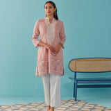 Solid Nude Peach Knee length Kurti with Embroidered Sleeve - Lakshita