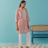 Solid Nude Peach Knee length Kurti with Embroidered Sleeve - Lakshita