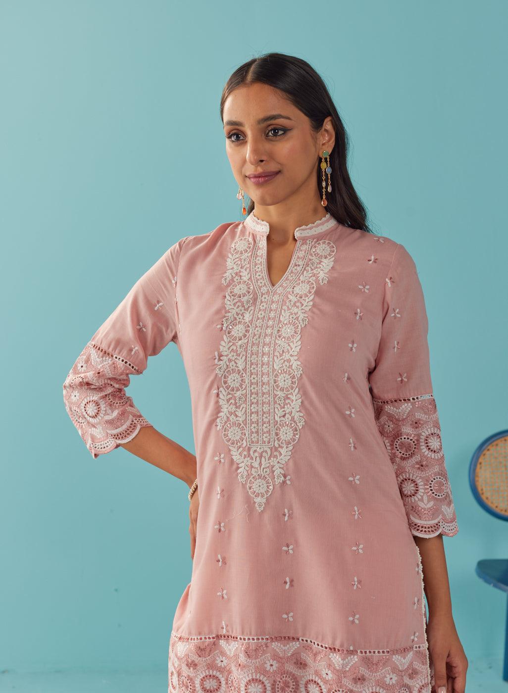 Solid Nude Peach Knee length Kurti with Embroidered Sleeve - Lakshita