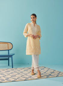 Lemon Yellow Knee Length Kurti with Embroidered Sleeve - Lakshita