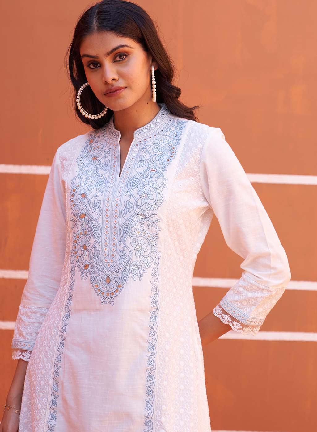 White Mirror Work Schiffli Kurta - Lakshita