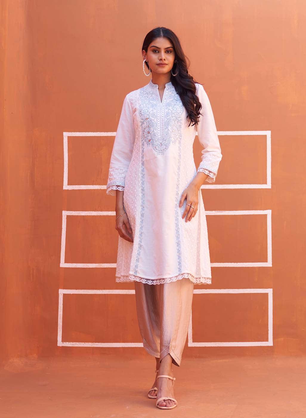 White Mirror Work Schiffli Kurta - Lakshita