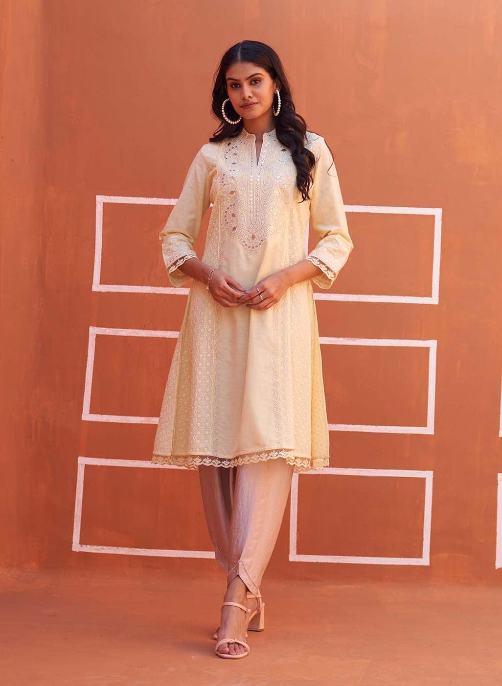 Lemon Yellow Mirror Work Schiffli Kurta - Lakshita