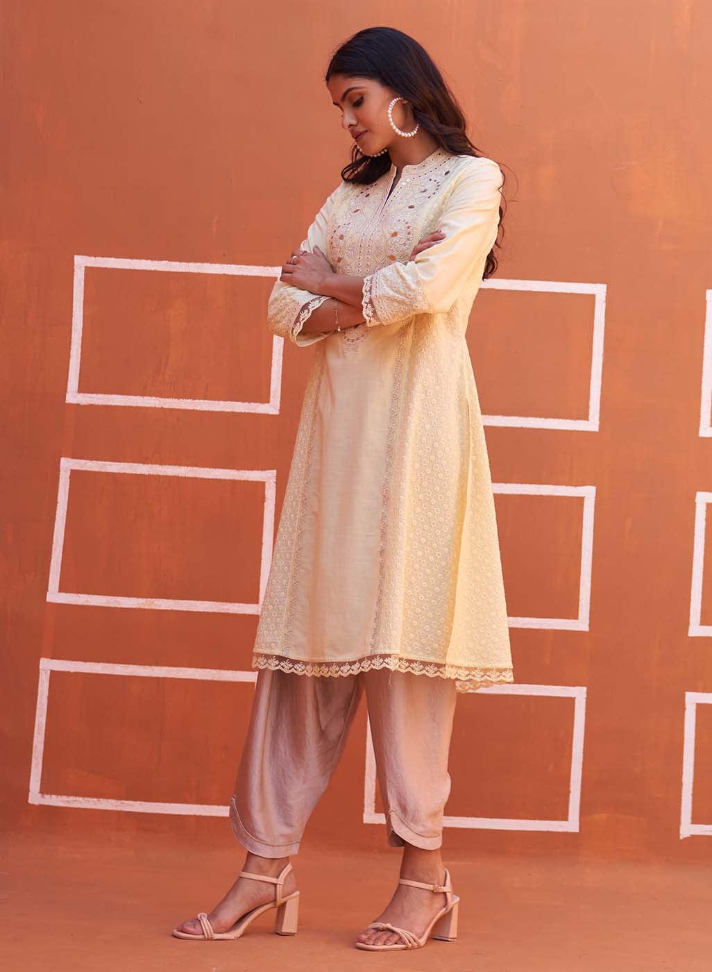 Lemon Yellow Mirror Work Schiffli Kurta - Lakshita