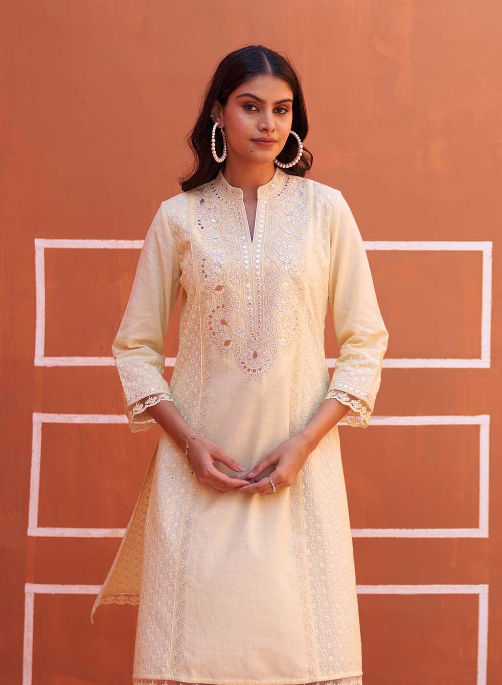 Lemon Yellow Mirror Work Schiffli Kurta - Lakshita