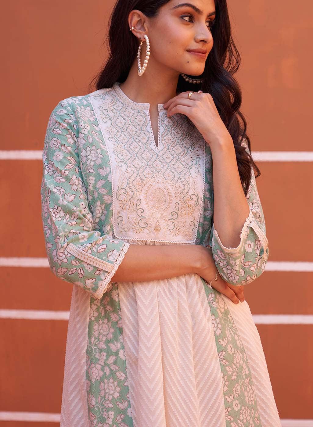 Green schiffli A-Line Kurta with Yoke Sequins Work - Lakshita