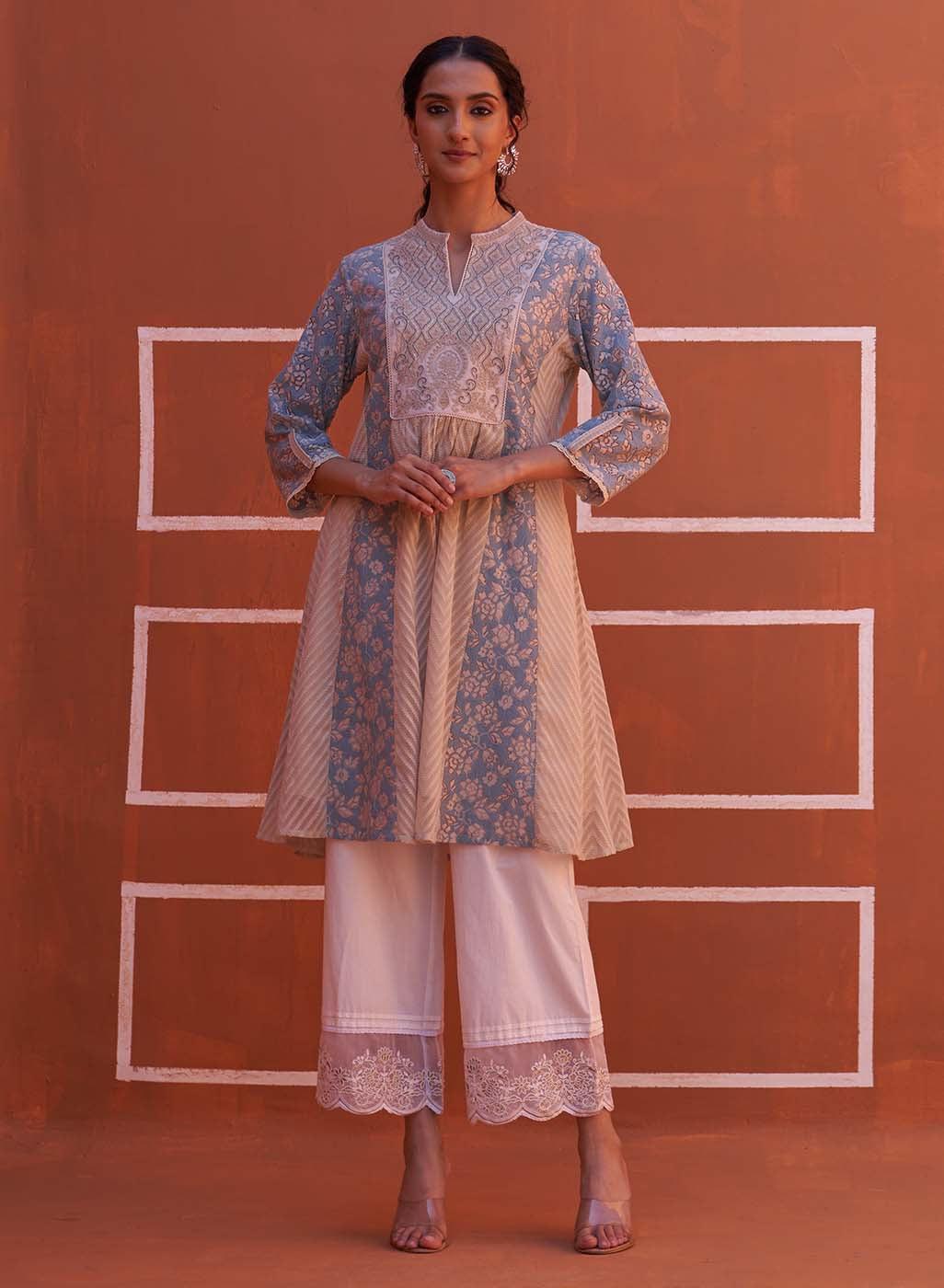 Blue schiffli A-Line Kurta with Yoke Sequins Work - Lakshita