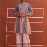 Blue schiffli A-Line Kurta with Yoke Sequins Work - Lakshita