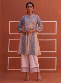 Blue schiffli A-Line Kurta with Yoke Sequins Work - Lakshita