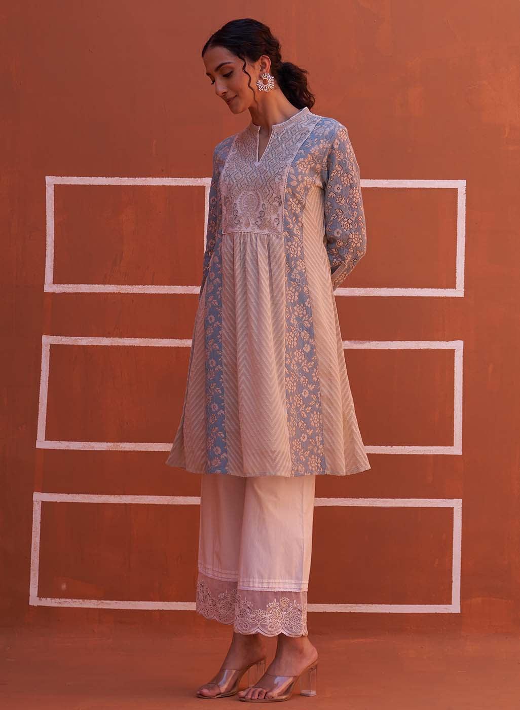 Blue schiffli A-Line Kurta with Yoke Sequins Work - Lakshita