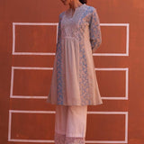 Blue schiffli A-Line Kurta with Yoke Sequins Work - Lakshita