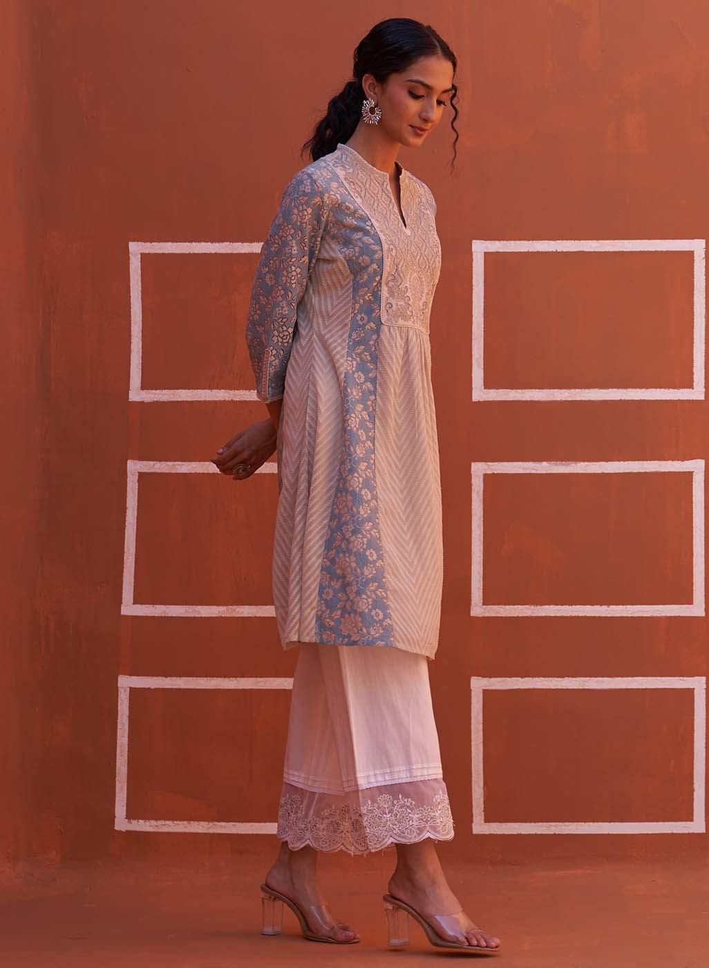 Blue schiffli A-Line Kurta with Yoke Sequins Work - Lakshita