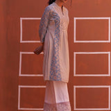 Blue schiffli A-Line Kurta with Yoke Sequins Work - Lakshita