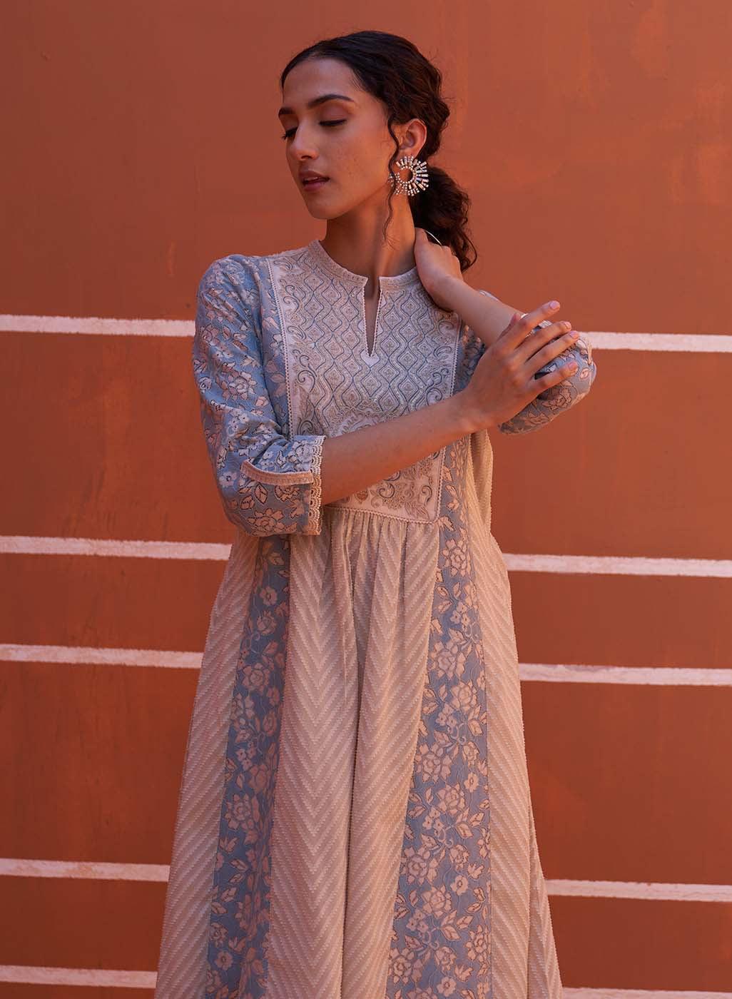 Blue schiffli A-Line Kurta with Yoke Sequins Work - Lakshita