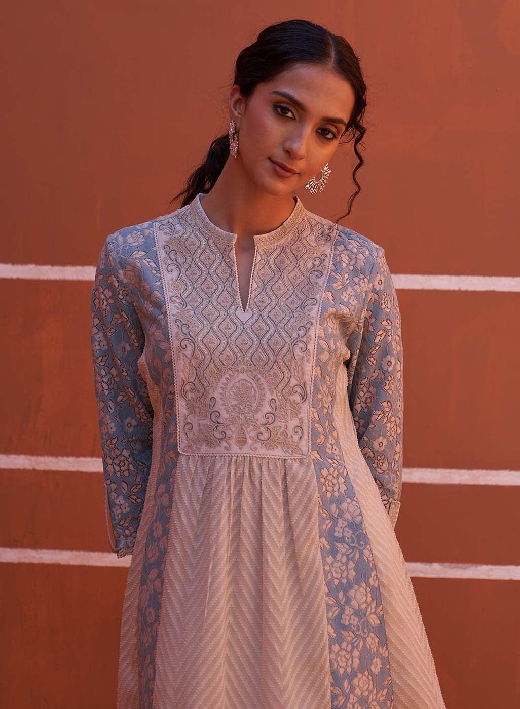 Blue schiffli A-Line Kurta with Yoke Sequins Work - Lakshita