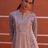 Blue schiffli A-Line Kurta with Yoke Sequins Work - Lakshita