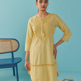 Solid Yellow Textured Kurta Set with Schiffli & Lace Work - Lakshita