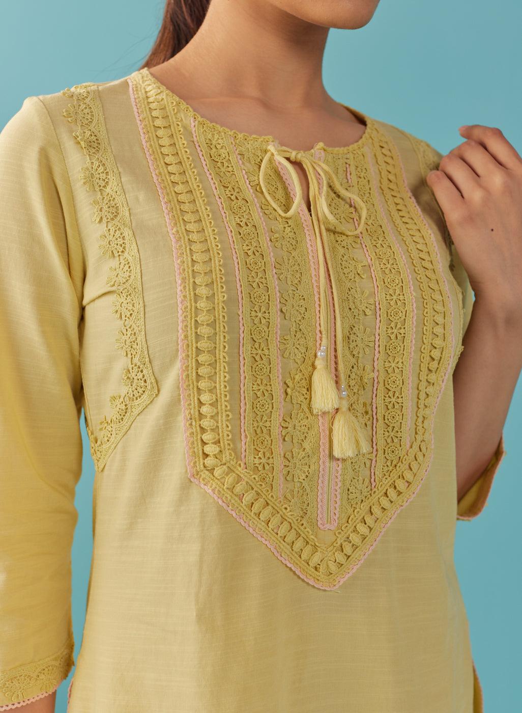 Solid Yellow Textured Kurta Set with Schiffli & Lace Work - Lakshita