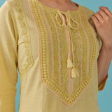 Solid Yellow Textured Kurta Set with Schiffli & Lace Work - Lakshita