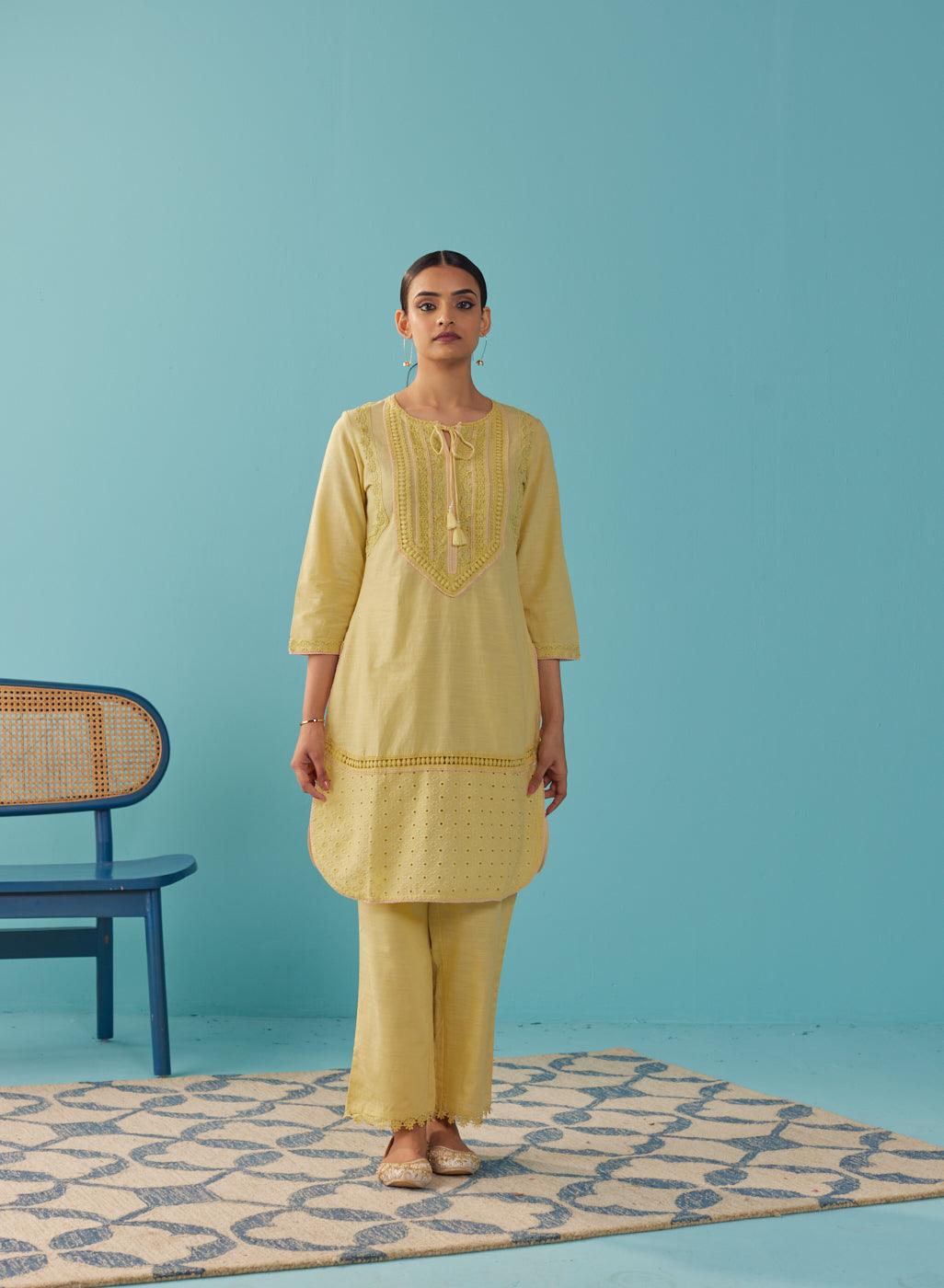 Solid Yellow Textured Kurta Set with Schiffli & Lace Work - Lakshita