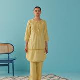 Solid Yellow Textured Kurta Set with Schiffli & Lace Work - Lakshita