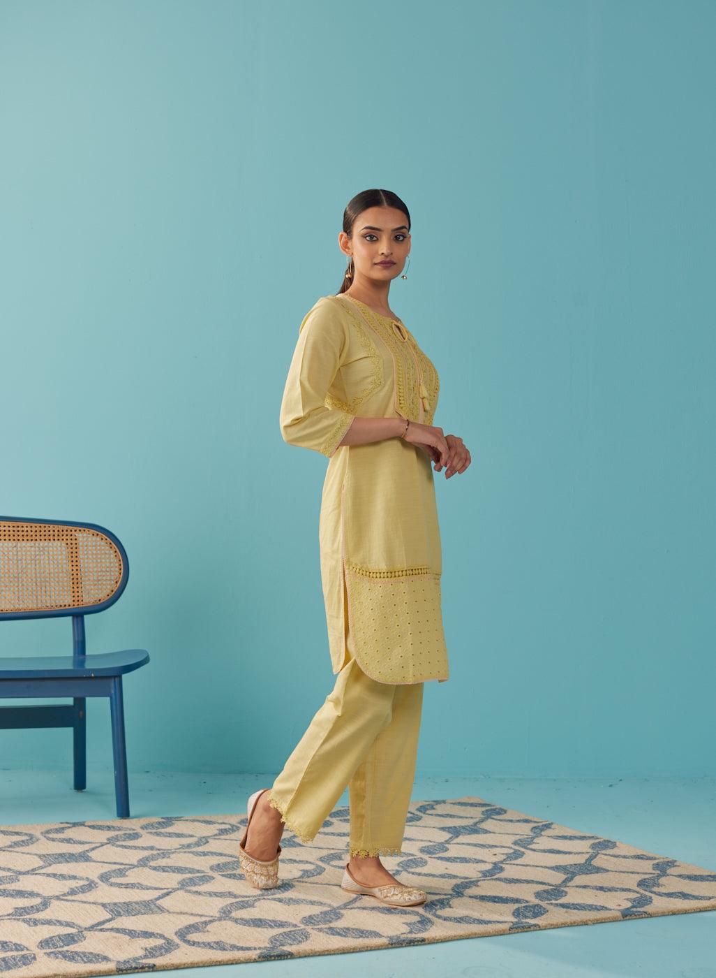 Solid Yellow Textured Kurta Set with Schiffli & Lace Work - Lakshita