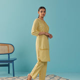 Solid Yellow Textured Kurta Set with Schiffli & Lace Work - Lakshita