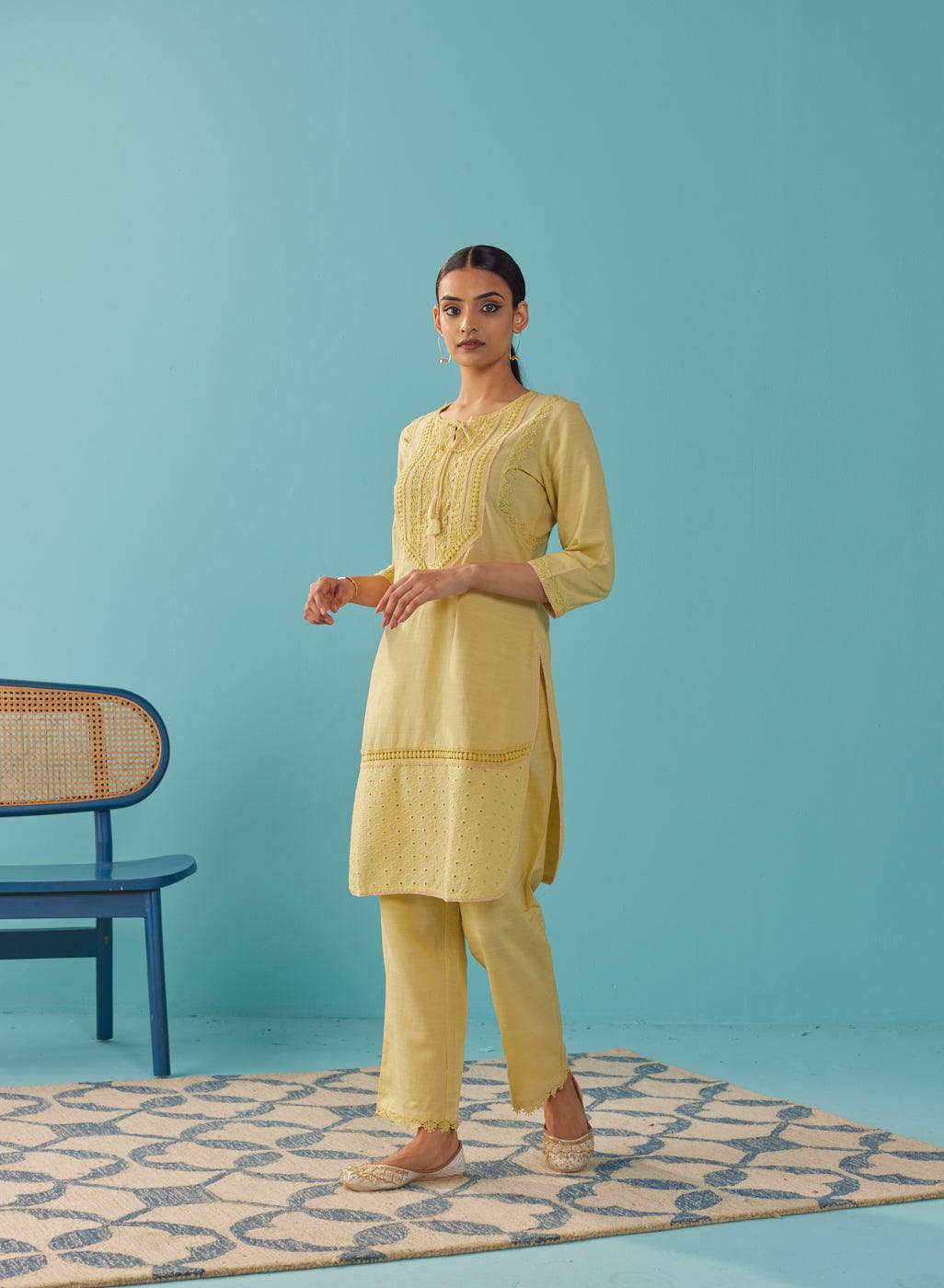 Solid Yellow Textured Kurta Set with Schiffli & Lace Work - Lakshita