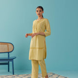 Solid Yellow Textured Kurta Set with Schiffli & Lace Work - Lakshita