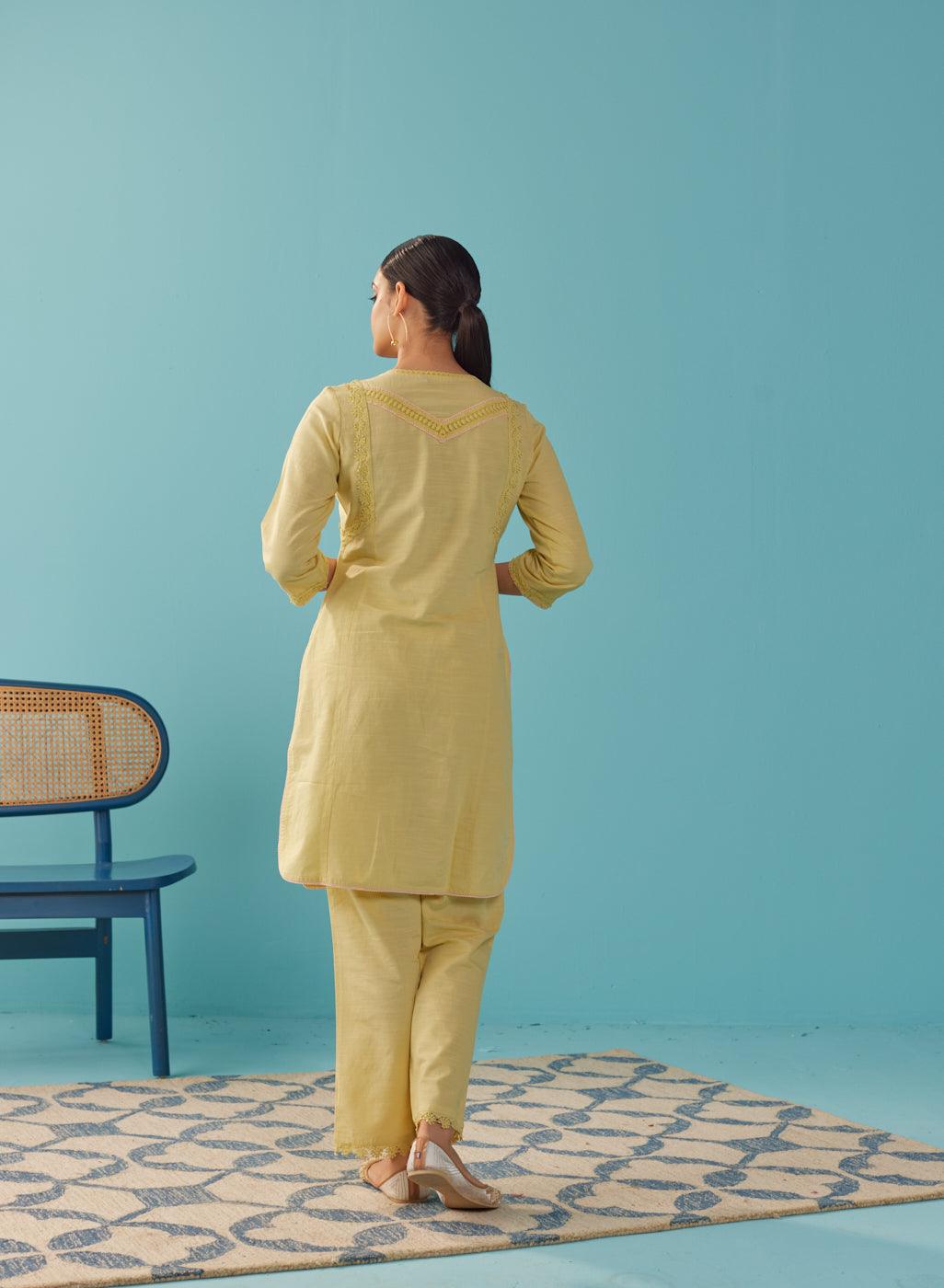 Solid Yellow Textured Kurta Set with Schiffli & Lace Work - Lakshita