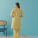 Solid Yellow Textured Kurta Set with Schiffli & Lace Work - Lakshita