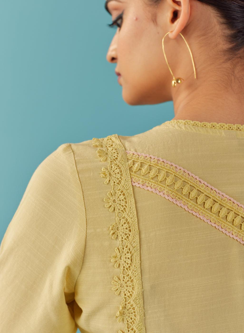 Solid Yellow Textured Kurta Set with Schiffli & Lace Work - Lakshita