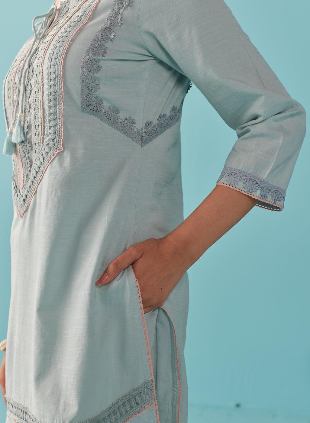 Solid Spa Blue Textured Kurta Set with Schiffli & Lace Work - Lakshita