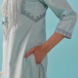 Solid Spa Blue Textured Kurta Set with Schiffli & Lace Work - Lakshita