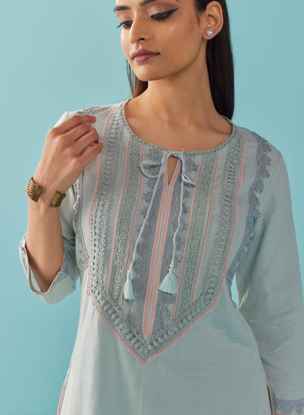 Solid Spa Blue Textured Kurta Set with Schiffli & Lace Work - Lakshita