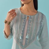 Solid Spa Blue Textured Kurta Set with Schiffli & Lace Work - Lakshita