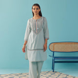 Solid Spa Blue Textured Kurta Set with Schiffli & Lace Work - Lakshita