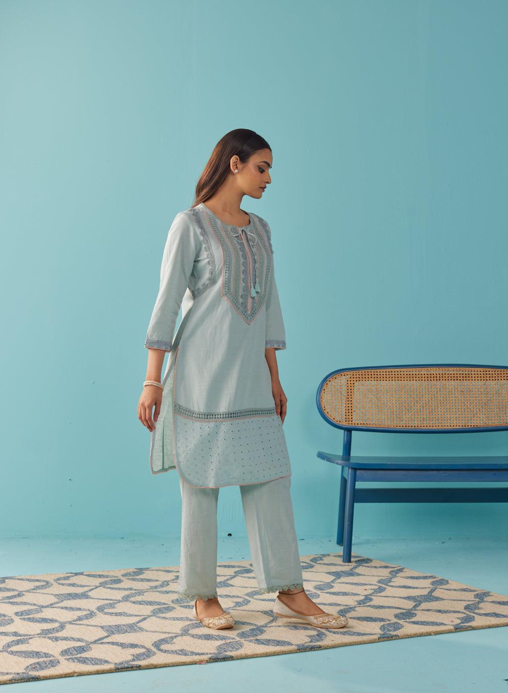 Solid Spa Blue Textured Kurta Set with Schiffli & Lace Work - Lakshita