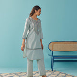 Solid Spa Blue Textured Kurta Set with Schiffli & Lace Work - Lakshita