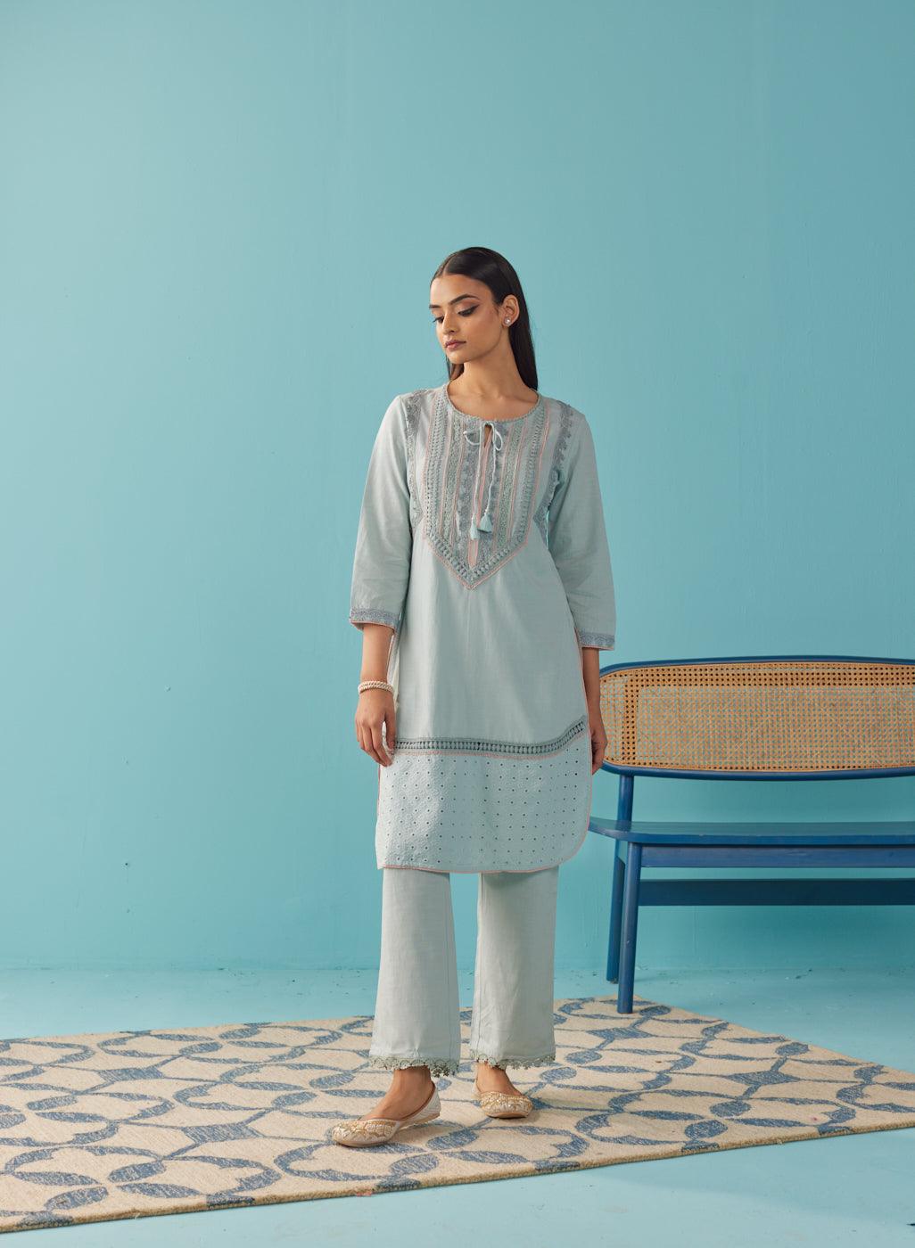 Solid Spa Blue Textured Kurta Set with Schiffli & Lace Work - Lakshita