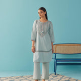 Solid Spa Blue Textured Kurta Set with Schiffli & Lace Work - Lakshita