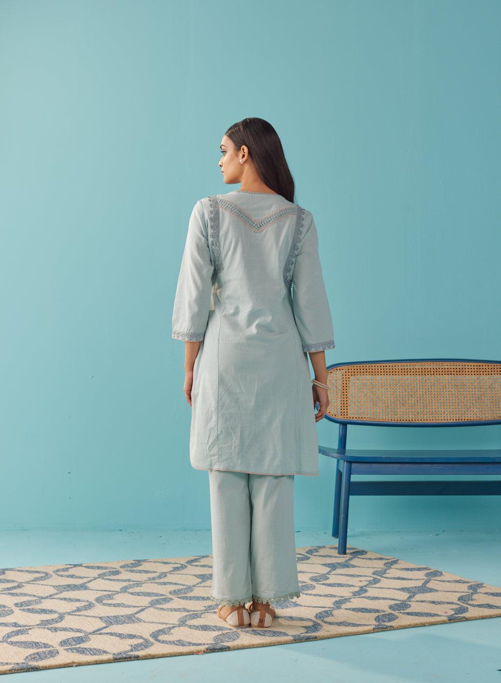 Solid Spa Blue Textured Kurta Set with Schiffli & Lace Work - Lakshita