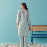 Solid Spa Blue Textured Kurta Set with Schiffli & Lace Work - Lakshita