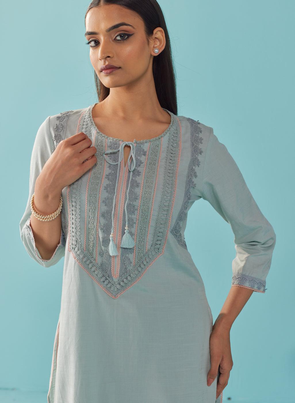 Solid Spa Blue Textured Kurta Set with Schiffli & Lace Work - Lakshita