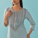 Solid Spa Blue Textured Kurta Set with Schiffli & Lace Work - Lakshita