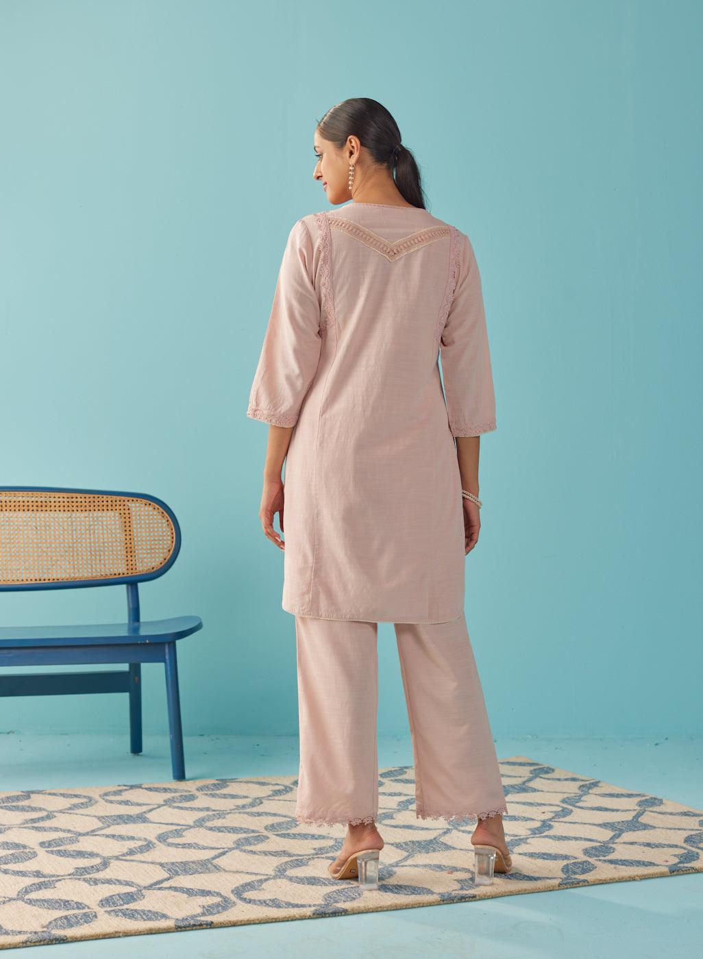 Solid Peach Textured Kurta Set with Schiffli & Lace Work - Lakshita