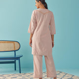 Solid Peach Textured Kurta Set with Schiffli & Lace Work - Lakshita