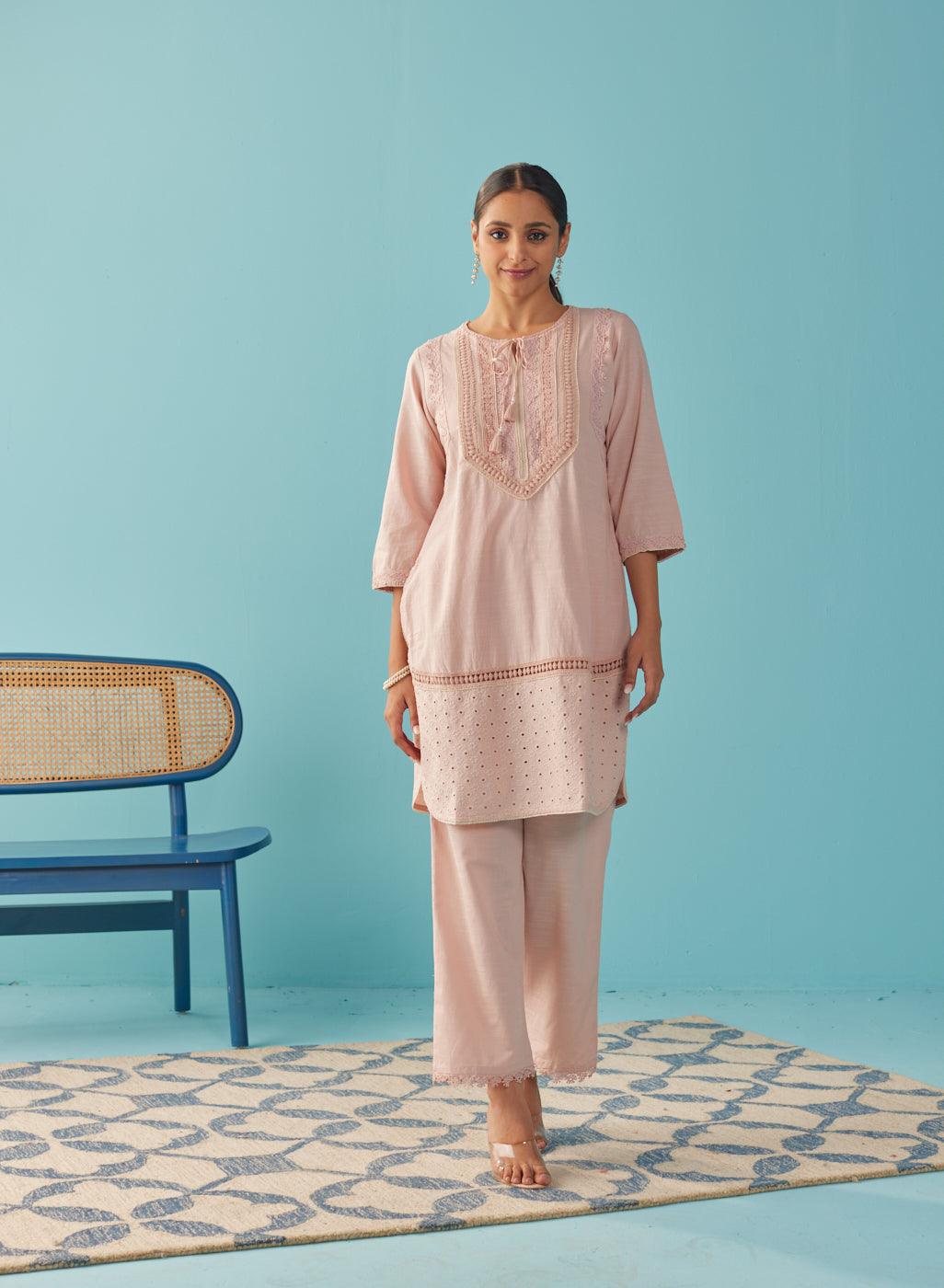 Solid Peach Textured Kurta Set with Schiffli & Lace Work - Lakshita