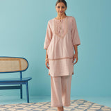 Solid Peach Textured Kurta Set with Schiffli & Lace Work - Lakshita