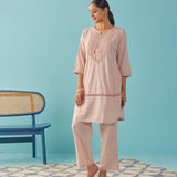 Solid Peach Textured Kurta Set with Schiffli & Lace Work - Lakshita